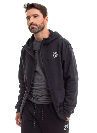 CASACO MOLETOM COM CAPUZ E ZIPPER PRETO